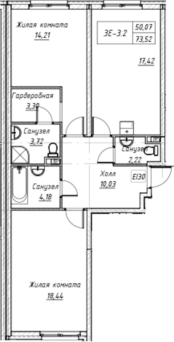 2-комнатная квартира 73.52 м², 2/14 эт., Комплекс апартаментов «Zoom на Неве»